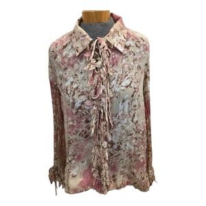 Alison Sheri Floral Ruffle Tie-Neck Blouse Sz S/P Romantic Boho Long Sleeve Top